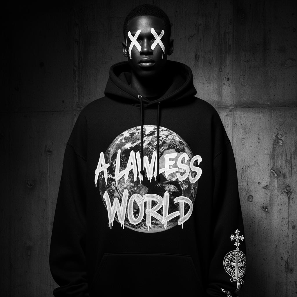 Model wearing A Lawless World globe hoodie